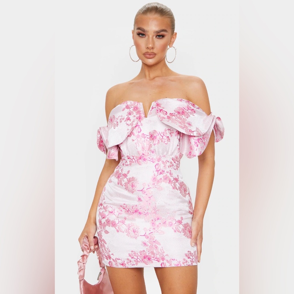 PrettyLittleThing Pink Floral Off-Shoulder Dress